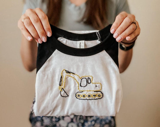 Construction - Boys Excavator Shirt - Hand Embroidered